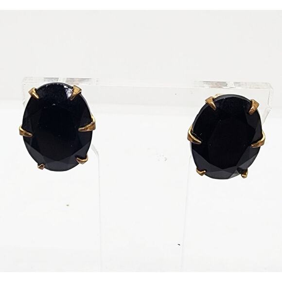 Unknown Jewelry - Vintage Big Black Oval Earrings Faceted Glass Stone Gold Tone Clip On 1950s